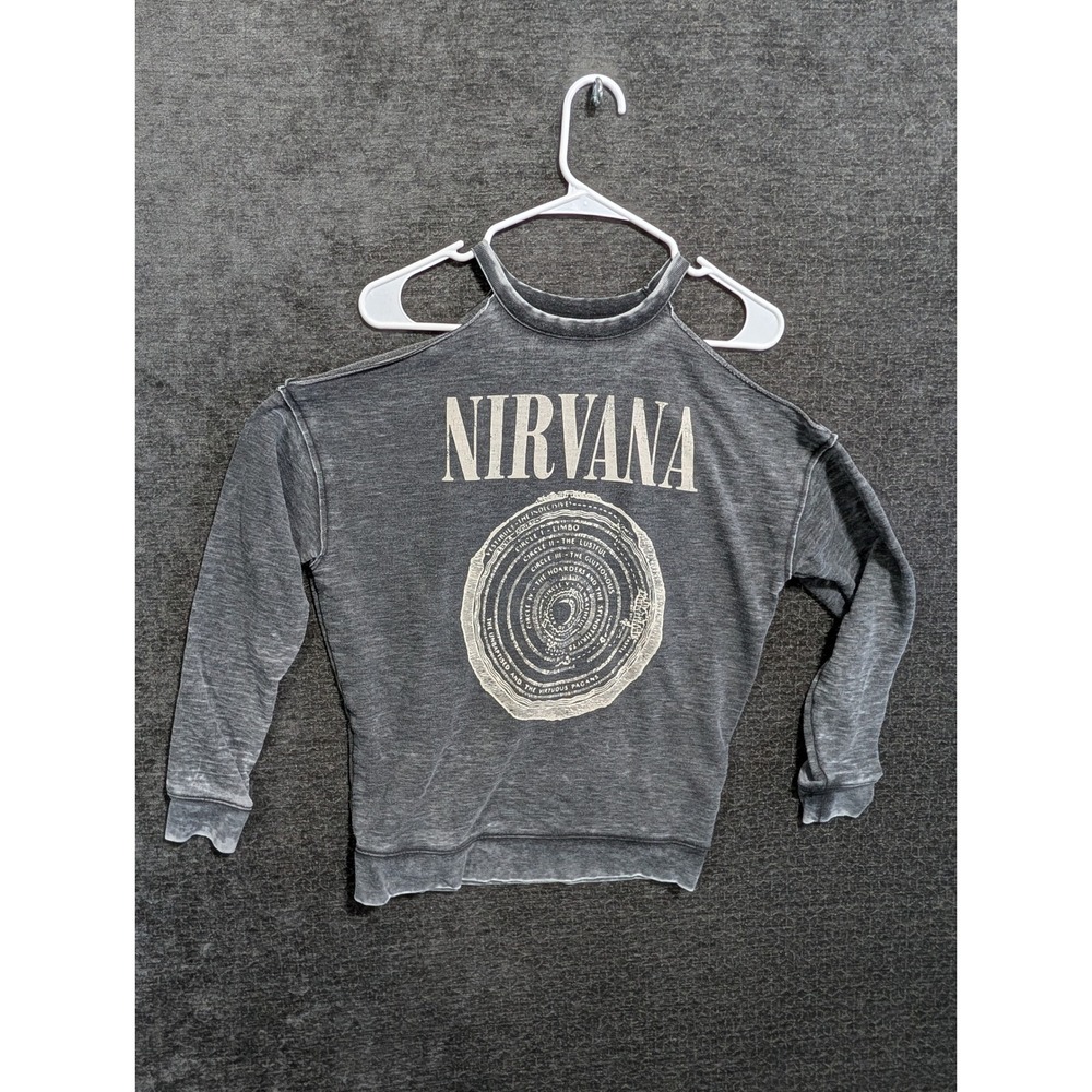 Nirvana Cold Shoulder Graphic Sweatshirt Charcoal Grey Circles of Hell Small